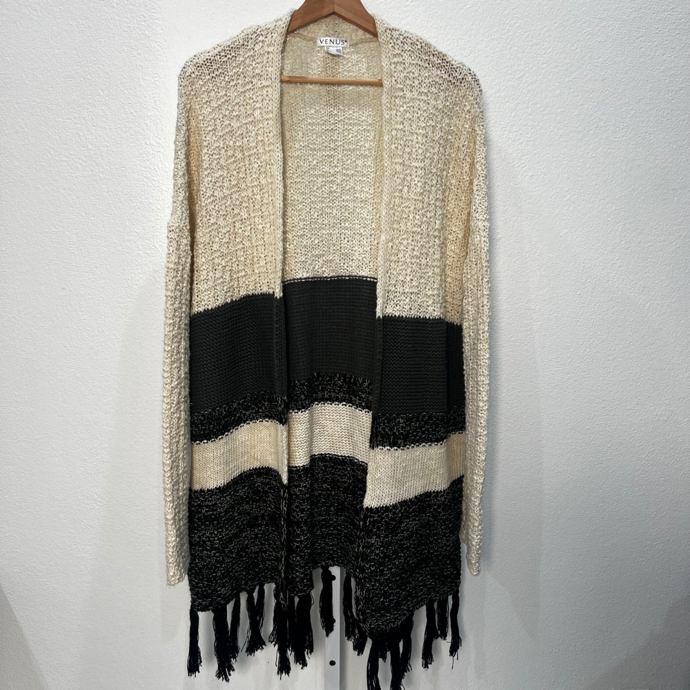 Bohemian Fringe Hem Cardigan Sweater Women L Cream Black Colorblock Neutral Cozy
